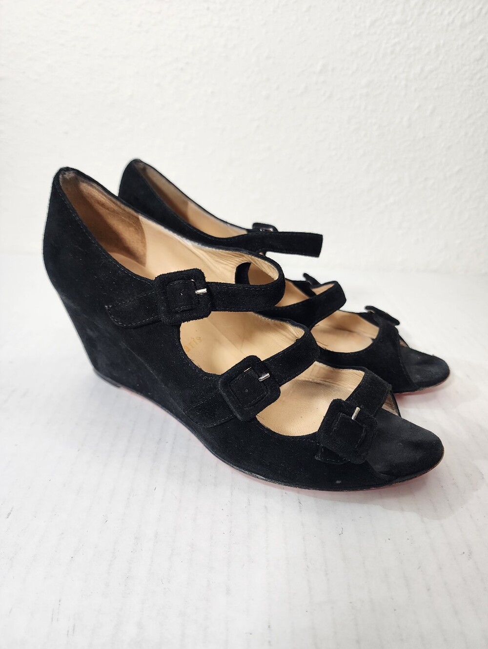 Christian Louboutin Veau Velours 70 Black Suede Buckle Wedge Sandals EU 37
